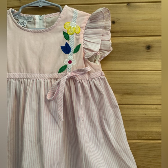 Vintage Lord & Taylor Size 5 Baby Pink Pinstripe Floral Short Sleeve Dress - Picture 5 of 12